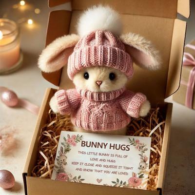 Mini Bunny Hug, regalo di Pasqua, peluche di coniglio con cappello lavorato a maglia e tasca con pompon, animale di supporto emotivo con scatola regalo, biglietto di ispirazione