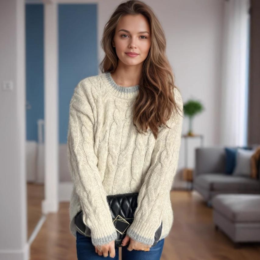 

Autumn and winter new women s knitted sweater sweater round neck casual splicing thick pullover 3597 EMA L