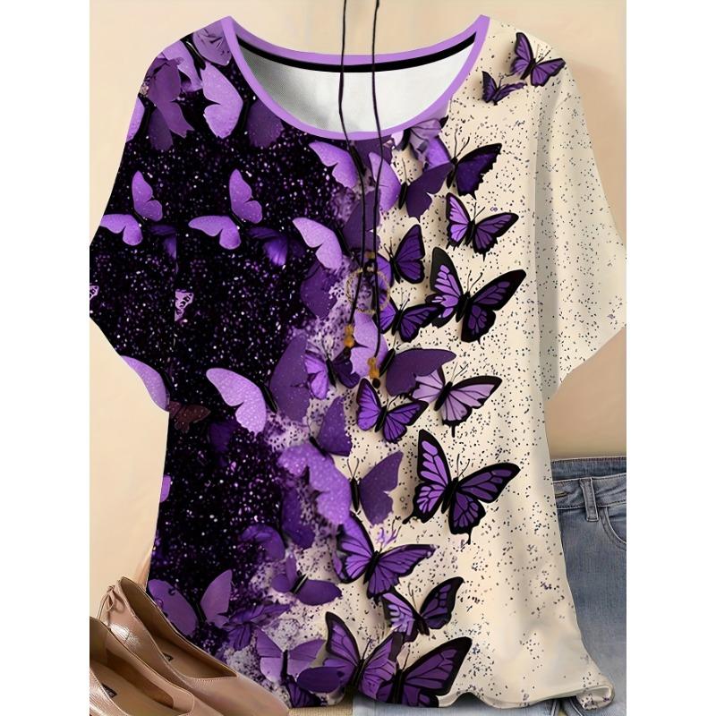

Summer new European and American cross-border women s clothing, purple butterfly print large size round neck short-sleeved T-shirt. 8XL