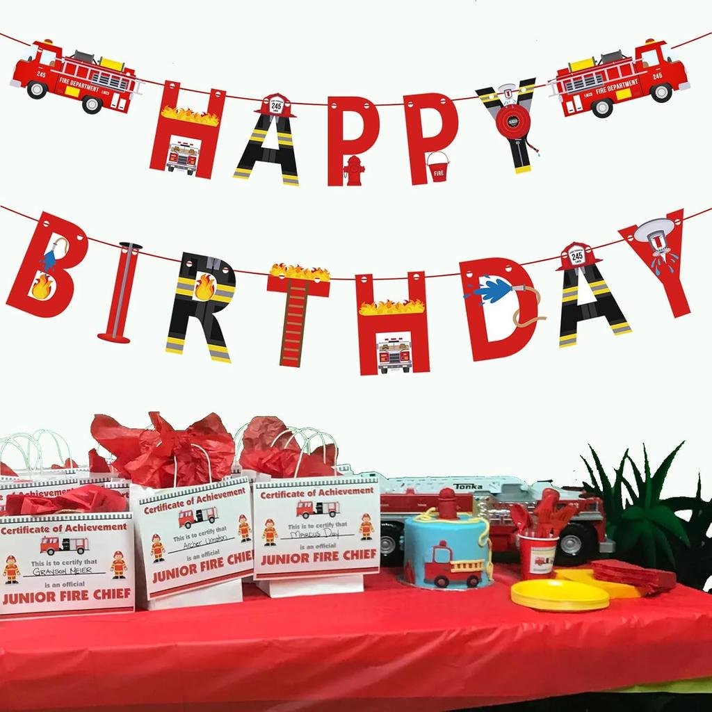 Fire Truck Happy Birthday Banner For Kids and Adult Firefighter Fire Engine Rescue Birthday Party Sign, Fire Truck Party Supplies For Boys and Girls