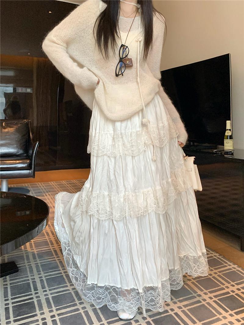Plus Size Velvet Lace Patchwork Pleated Skirt - Autumn/Winter 2025 Korean Style XXXXL абрикосовый
