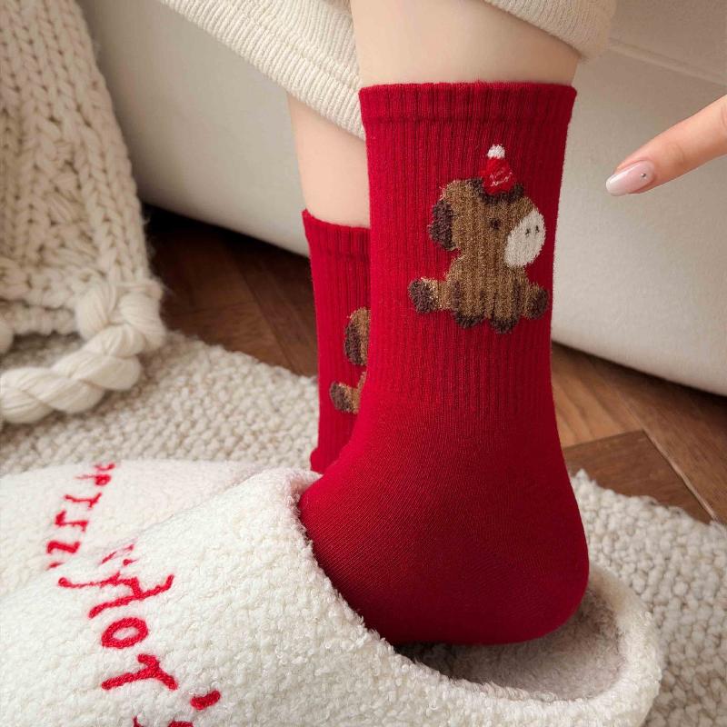 Red Color Women's Cotton Ankle Socks - Thick Soft Crew Socks For Cold Weather, Breathable & Warm