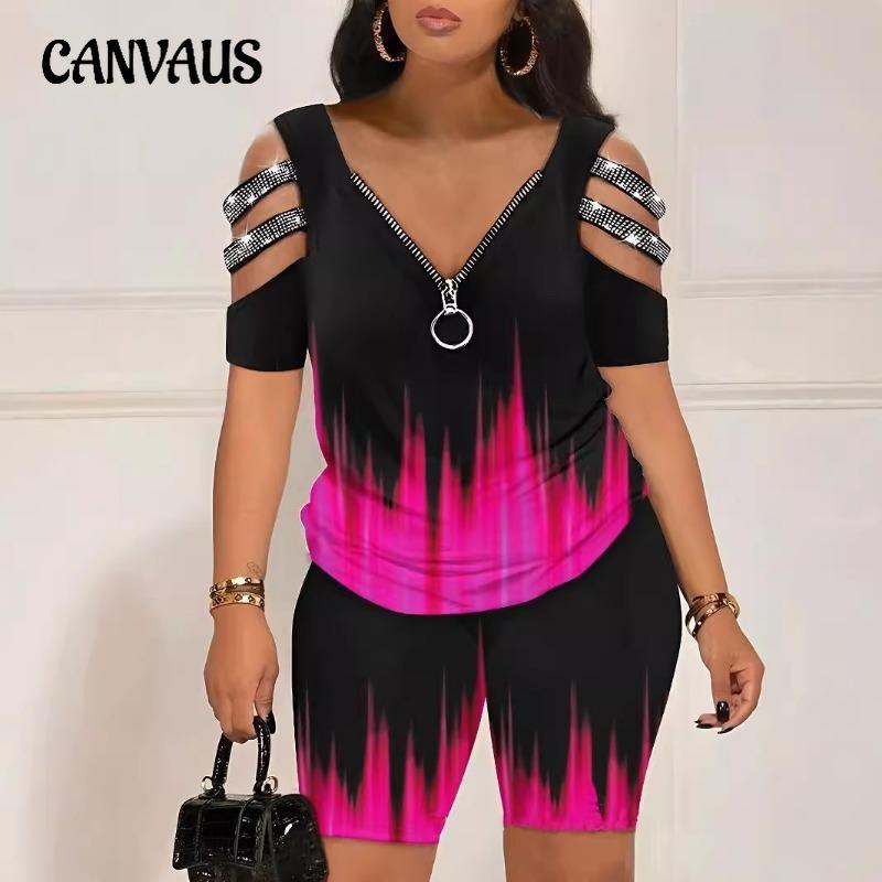 V-neck Zipper Pullover Printed Short-sleeved Fashion Shorts Set