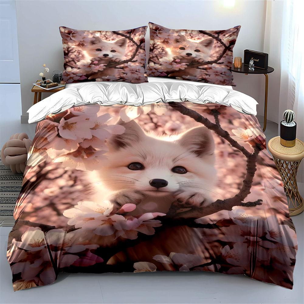 "Floral Fox Three-Piece Decor Set" Bedding Set with 1 Duvet Cover 2 Pillowcases Single Double King Queen, Gift