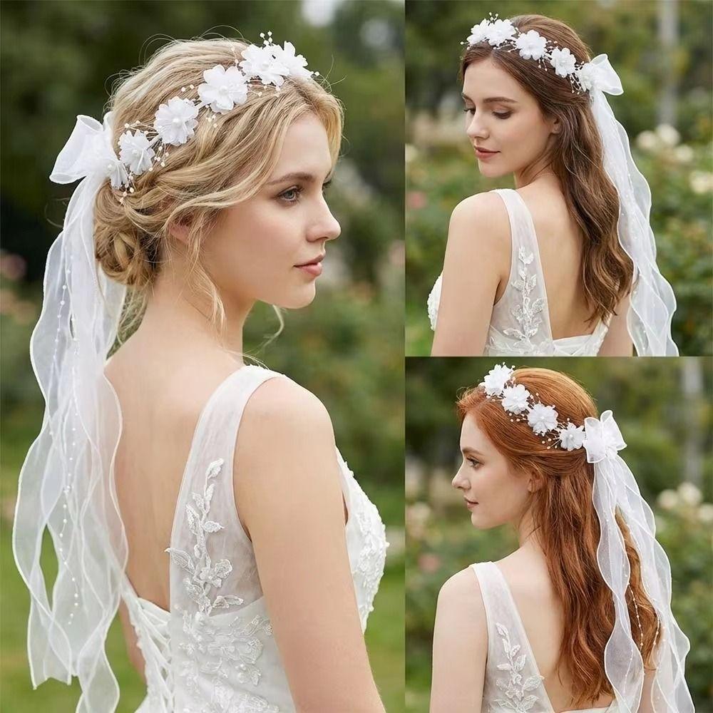 White Girls Head Gauze Polyester Bridal Tulle Fashion Bow Veil Hair Hoop Photo Props