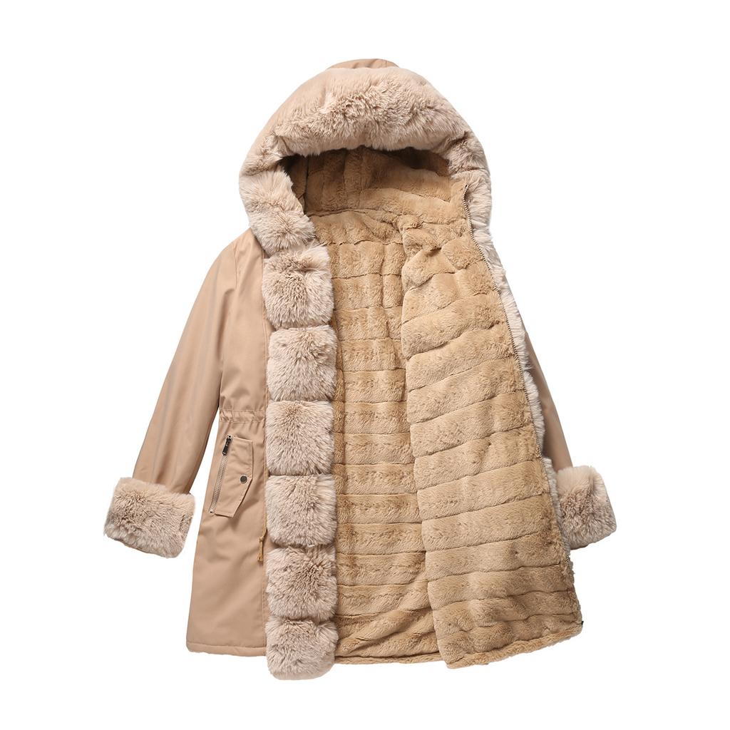 Winter Cotton Jacket for Women Detachable Fur Collar Mid Length Long Sleeved Style Overcoming Solid Color Hooded Warm Cotton Suit
