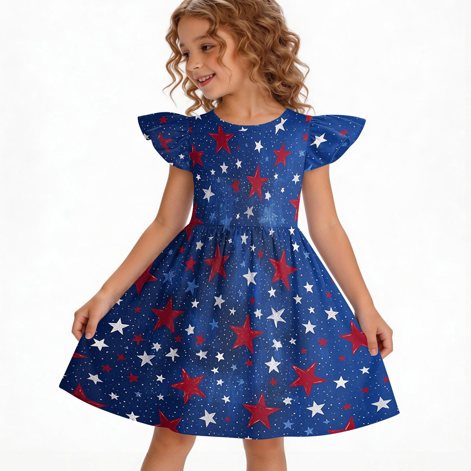 Girls  Summer Princess Dress - A-Line Casual Print Dress 110 синий