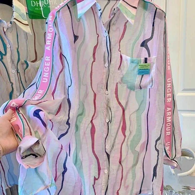 

Повседневная женская рубашка для отдыха, летняя женская блузка с длинными рукавами и принтом Halo Dye, свободный однобортный топ с защитой от солнца