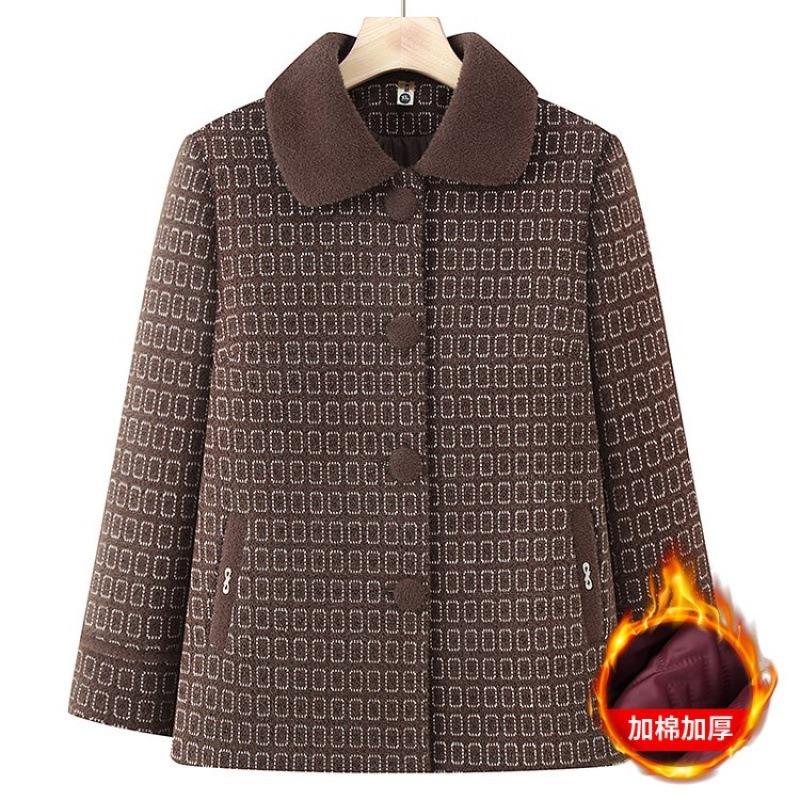 

Весенне-осенняя одежда для женщин среднего возраста, шерстяное пальто, женский повседневный топ с лацканами для бабушки, осенне-зимняя одежда для мамы, возраст 0 теща 5XL [recommended 150-80kg] темно-коричневого