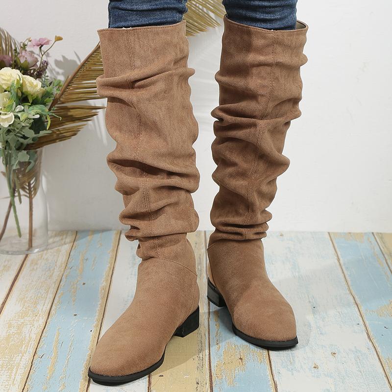

Fashion Vintage Faux Suede Knee High Boots Women 2025 New Thick Heeled Pleated Long Boots Woman Autumn Winter Slip On Tall Botas Mujer 35 хаки