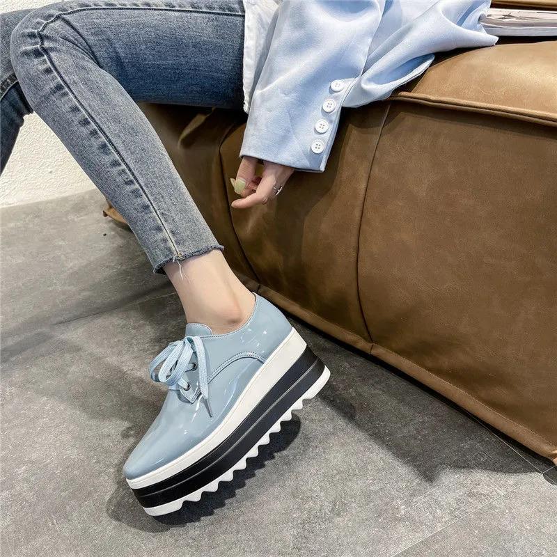 Women's 41-Size British-Style Patent Leather Lace-Up Loafers - Wedge-Heeled Platform, Thick-Soled