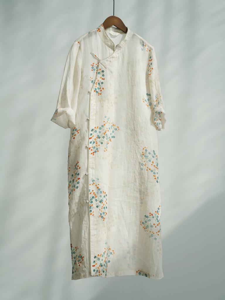 Johnature Women Vintage Print Floral Dress Stand Seven Sleeve Summer Button Chinese Style Dresses