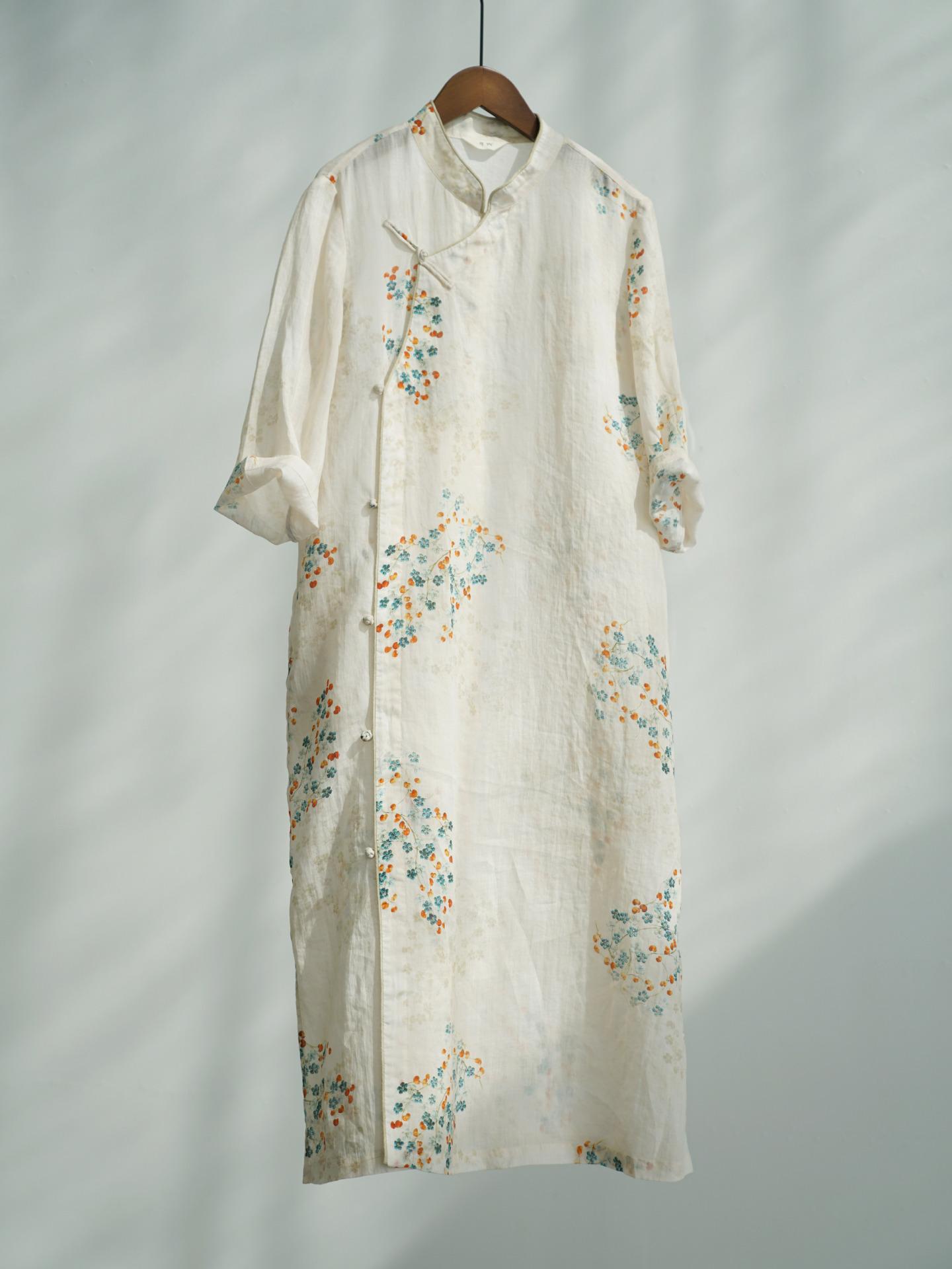 

Johnature Women Vintage Print Floral Dress Stand Seven Sleeve Summer Button Chinese Style Dresses One Size