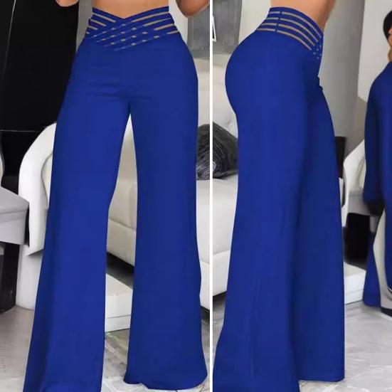 Women High Waist Long Pants Hollow Elastic Waistband Wide Leg Casual Trousers Solid Color Loose Fit Trousers