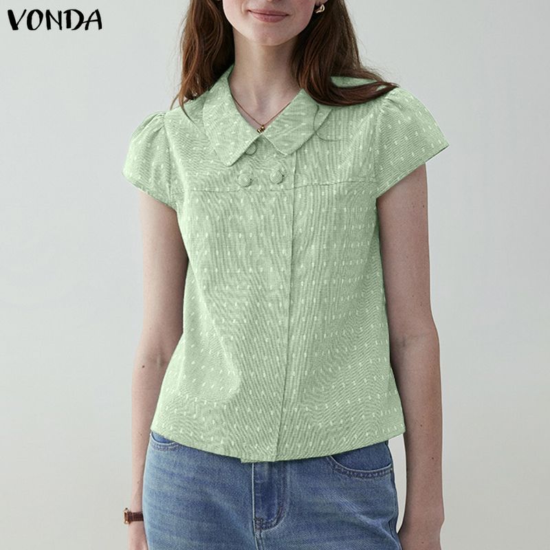 

VONDA Ethnic Women Lapel Short Sleeve Buttons Up Polka Dots Print Casual Blouse 2XL зелёный