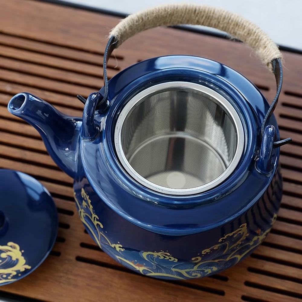 Blue Ceramic Teapot, Large capacity cooling water kettle, Brewing tea pot with tea strainer, Restaurant handle style tea kettle