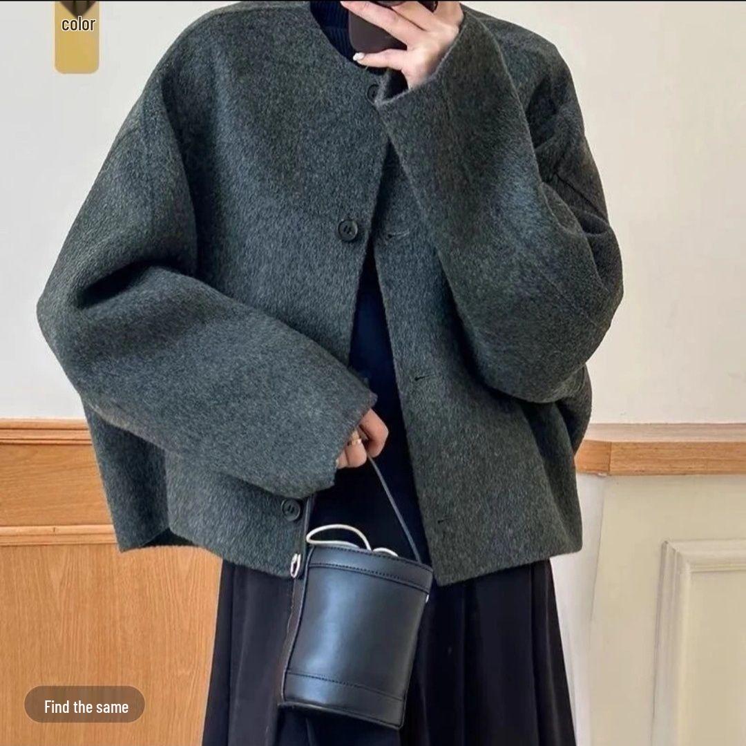 

Elegant Korean-Style Double-Faced Cashmere Coat: Mid-Length, Loose, Perfect for Autumn and Winter in Black. S (80-110 lbs) деревне вугілля/чорний