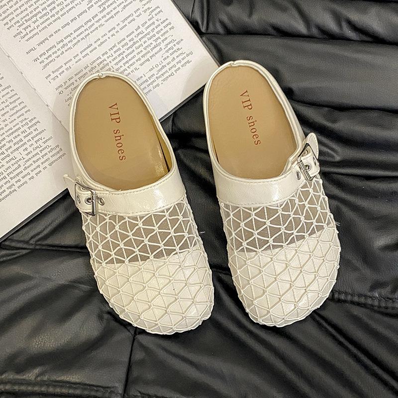 One pedal bag head half slippers women's woven new mesh breathable summer wear lazy half slippers flat bottom