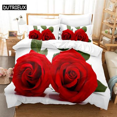 Red Rose Lovers Queen Bedding Set Girls Duvet Cover Bedroom Bed Set Comforter Cover Set King Size Duvet Cover Set Bedding Sets