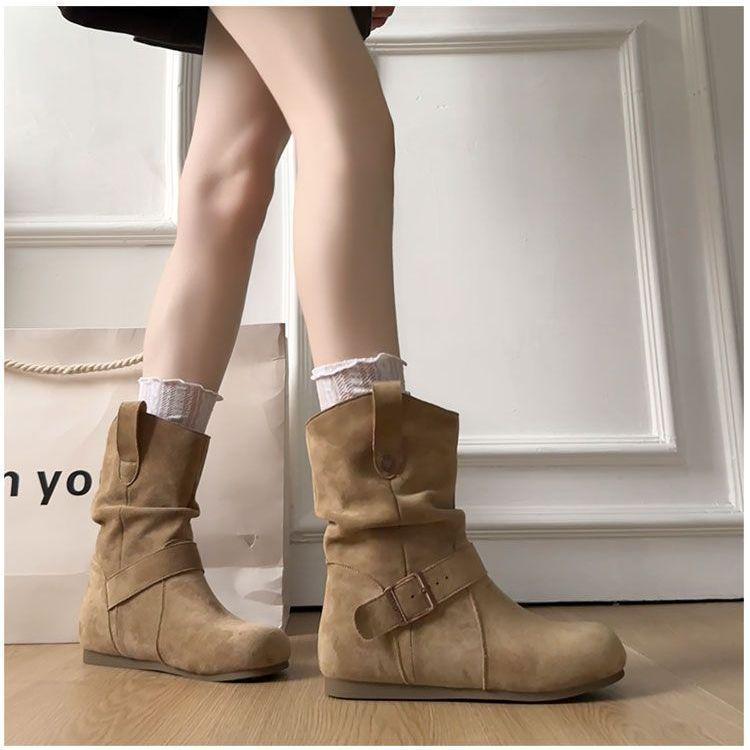 Damskie botki retro z okrągłym noskiem - Jesień/Zima Gruba podeszwa Styl kowbojski