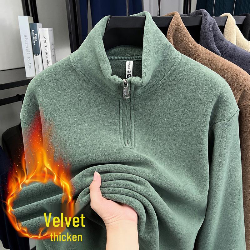 Men's Thick Coral Fleece Half-Zip Stand Collar Hoodie - Autumn/Winter Style, Solid Color, Fashionable