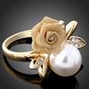 Women's Fashion Rose Faux Pearl Clear Crystal 9K Gold Plated Ring Party Jewelry