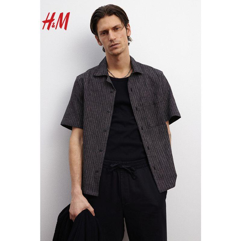 

HM Men s Cuban Collar Shirt 2025 Summer New Arrival Business Commute Linen Blended Short Sleeve Shirt 1262042 Black 165/84(XS)