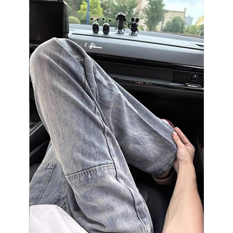 American Lightning Pattern Jeans Men's Autumn Niche Heavy Craftsmanship Straight Pants Loose Pocket Design Micro-pull Pants
