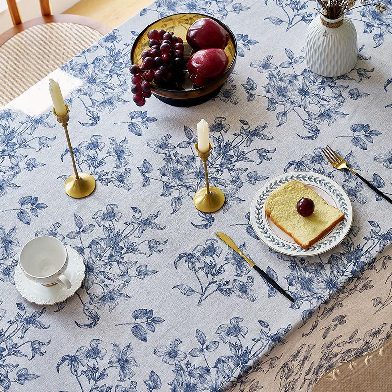 Elegant French Vintage Blue Rose Floral Blend Tablecloth with Beige Tassels - Rectangular, Perfect for Dining, Picnics, Parties, Weddings