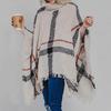 2025 Women's Mid-Length High Neck Fringe Shawl Cape - European American Autumn Winter Color Block Loose Knit Sweater