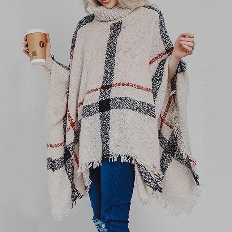 2025 Women's Mid-Length High Neck Fringe Shawl Cape - European American Autumn Winter Color Block Loose Knit Sweater
