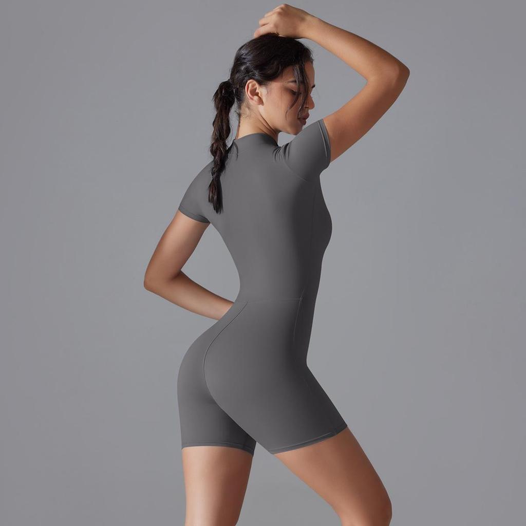 Nude Feel Stand-Up Collar One-Piece Yoga Bodysuit with Half-Zip & Short Sleeves