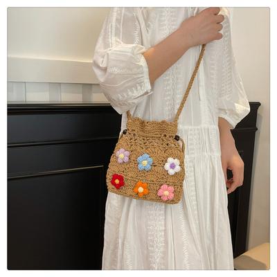 Crossbody Cotton Thread Knitted Bag New Versatile Hollow Flower Bucket Bag Vacation Beach Women's Bag