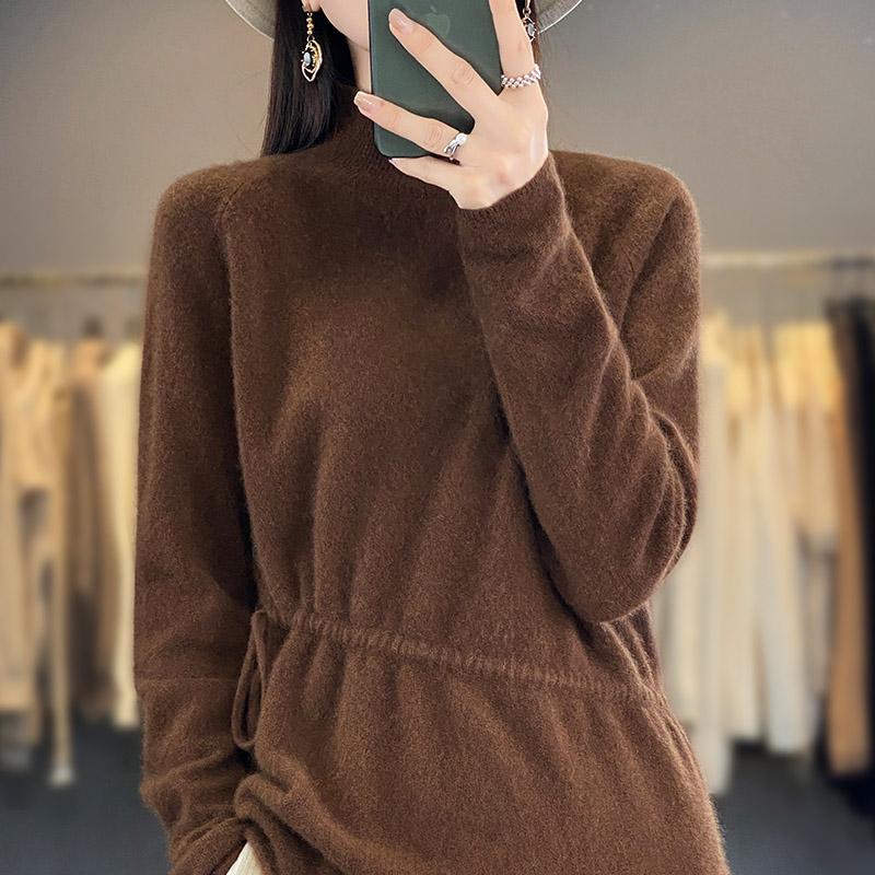 High-Neck Pure Wool Drawstring Sweater - Women's Autumn/Winter Loose Cashmere Knit