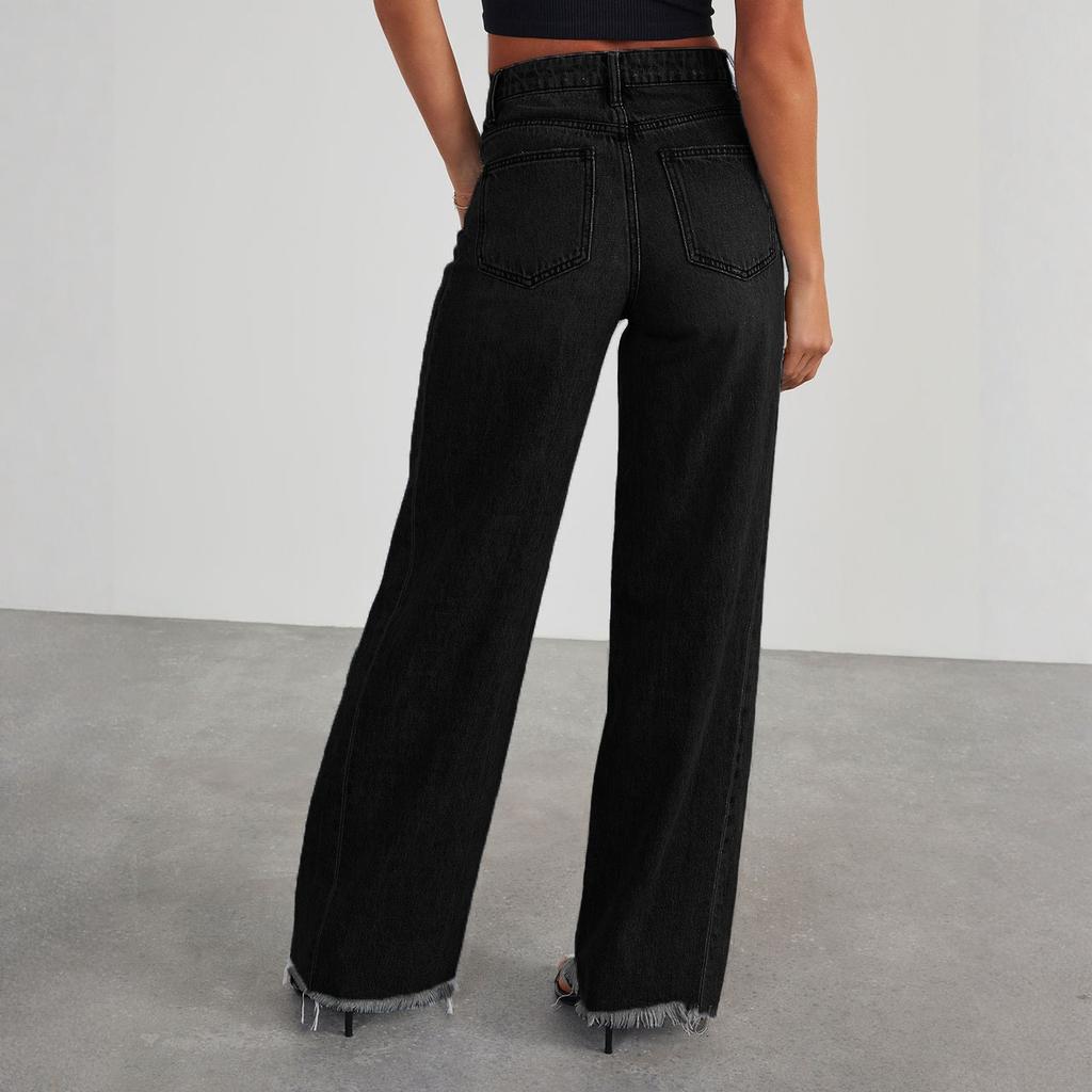 Damen Jeans High Waist Straight Wide Leg Denim Hose
