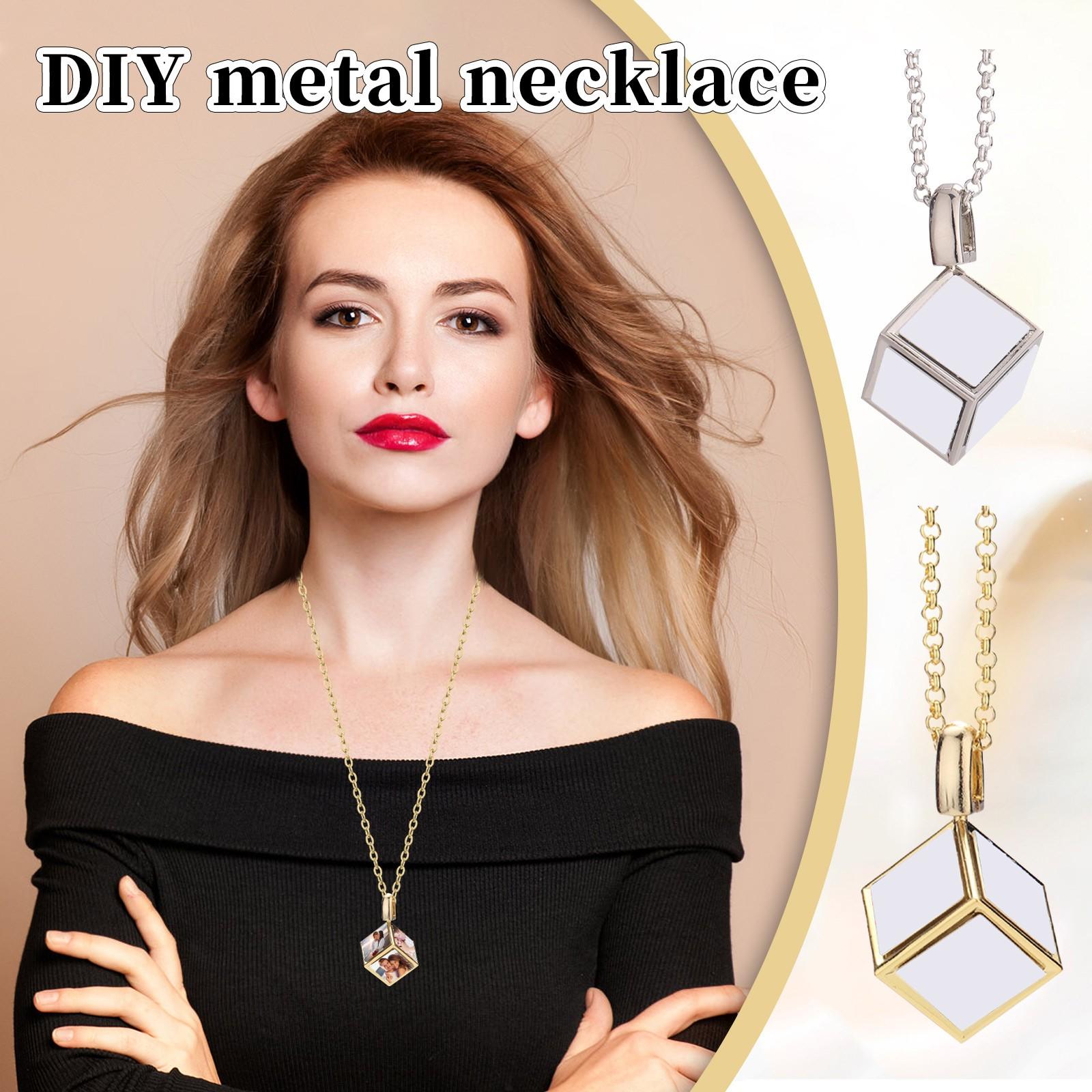 

DIY Six Sided Heat Transfer Personalized Photo Square Dice Necklace Long Chain Metal Necklace One Size серебряный