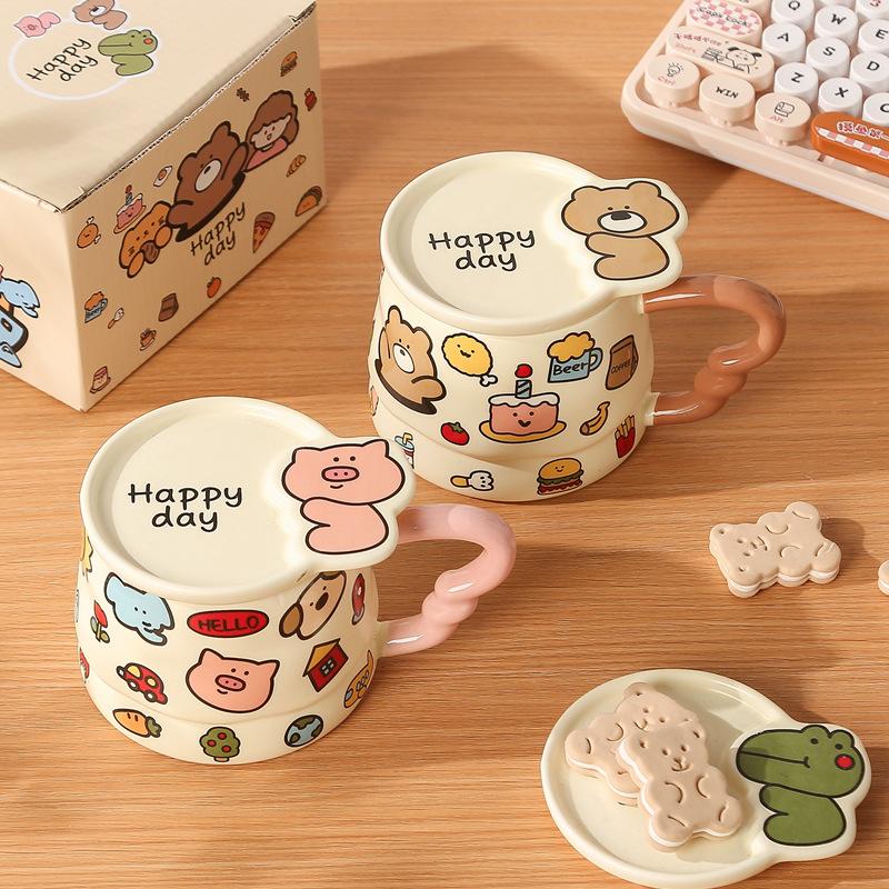 Children's fun, cute graffiti ceramic mug with lid, birthday gift, household drinking water, high-value water cup, souvenir gift girl