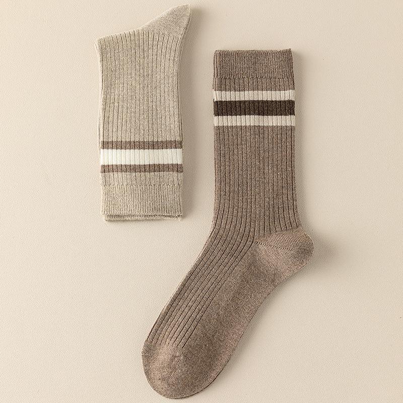 Socks Double Needle Boneless Medium Tube Socks Season Warm Wool Socks Retro Striped Versatile Pile Socks Women'S