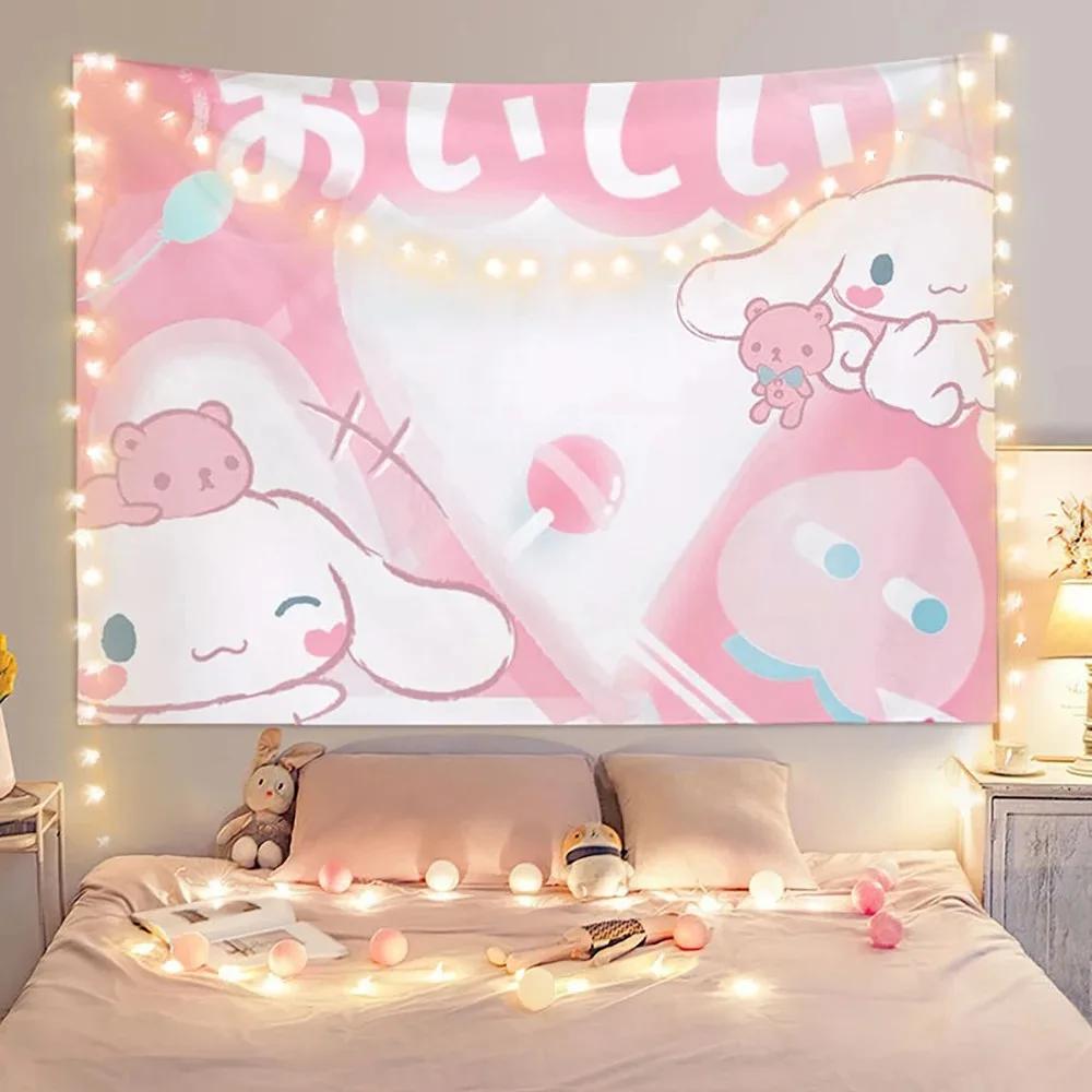 Sanrio Gemini Twin Stars Colorful Tapestry Wall Hanging Hippie Flower Wall Carpets Dorm Decor Wall Kawaii room decoration