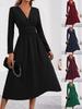 Elegant Women's V-Neck Long Sleeve Ruched Waist Dress for Autumn/Winter