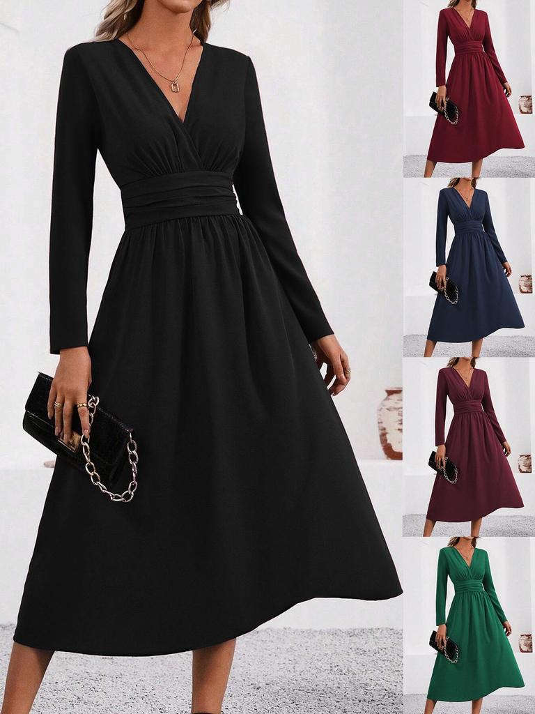 Elegant Women's V-Neck Long Sleeve Ruched Waist Dress for Autumn/Winter