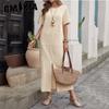 Summer Women Loose Cotton Linen Short Sleeve Solid Color O Neck Dress Casual Comfortable