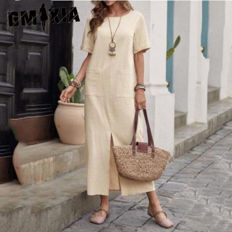 

Summer Women Loose Cotton Linen Short Sleeve Solid Color O Neck Dress Casual Comfortable S темно-синього кольору