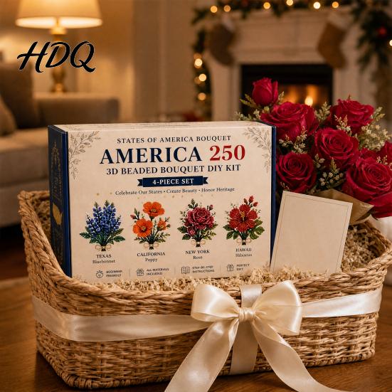 Small 3D Floral Arrangement America 250 Beaded Bouquet DIY Kit 4th of July Patriotic Flower Craft Fantasy Art Kit Handmade Set 1776-2026 Independence