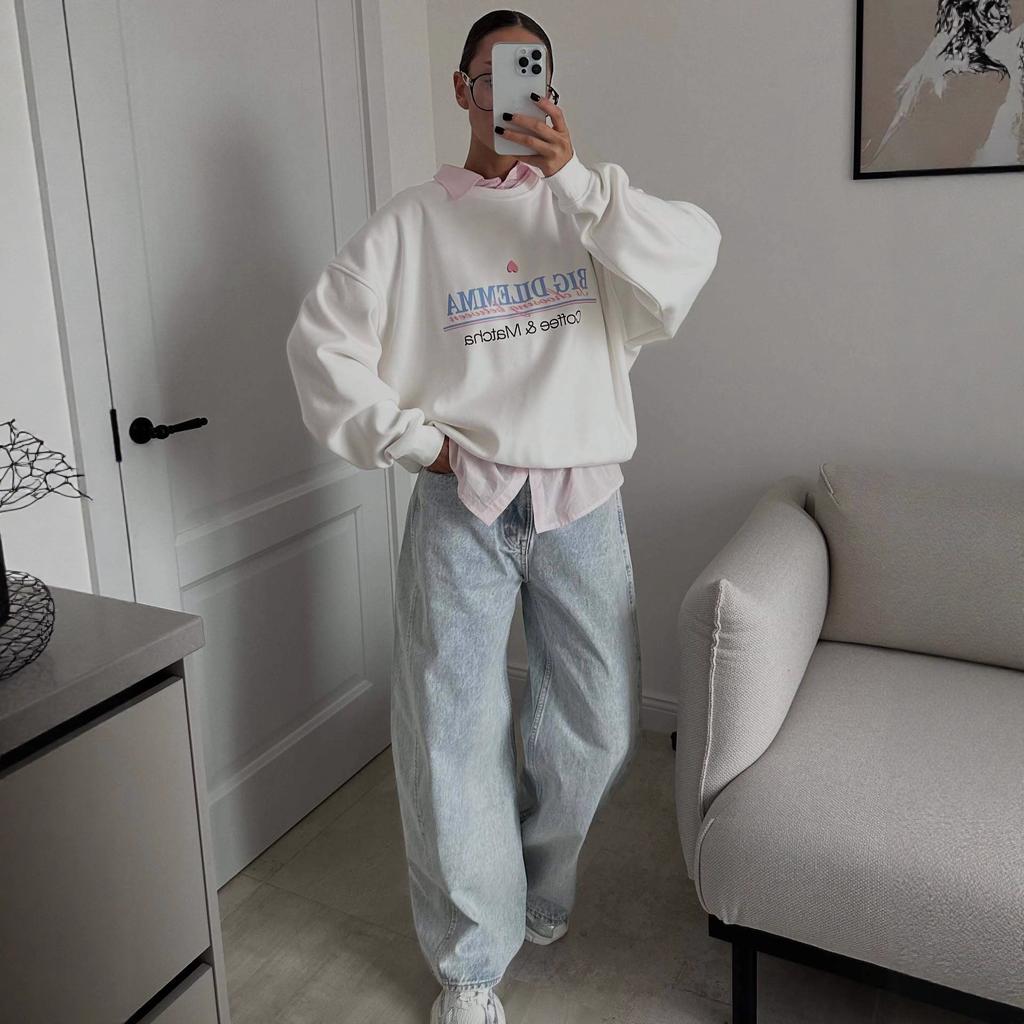 Lazy style drape simple letter print autumn/winter crew neck sweatshirt for women, long-sleeve oversized jacket