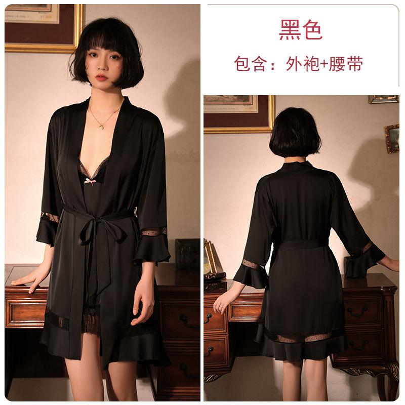 Women's Mesh Deep V Backless Cami Sleep Dress with Tie Robe Lounge Set