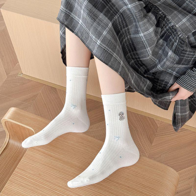 Zhuji Women's Cute Cartoon Embroidered Mid-Calf Cotton Socks, Preppy Style