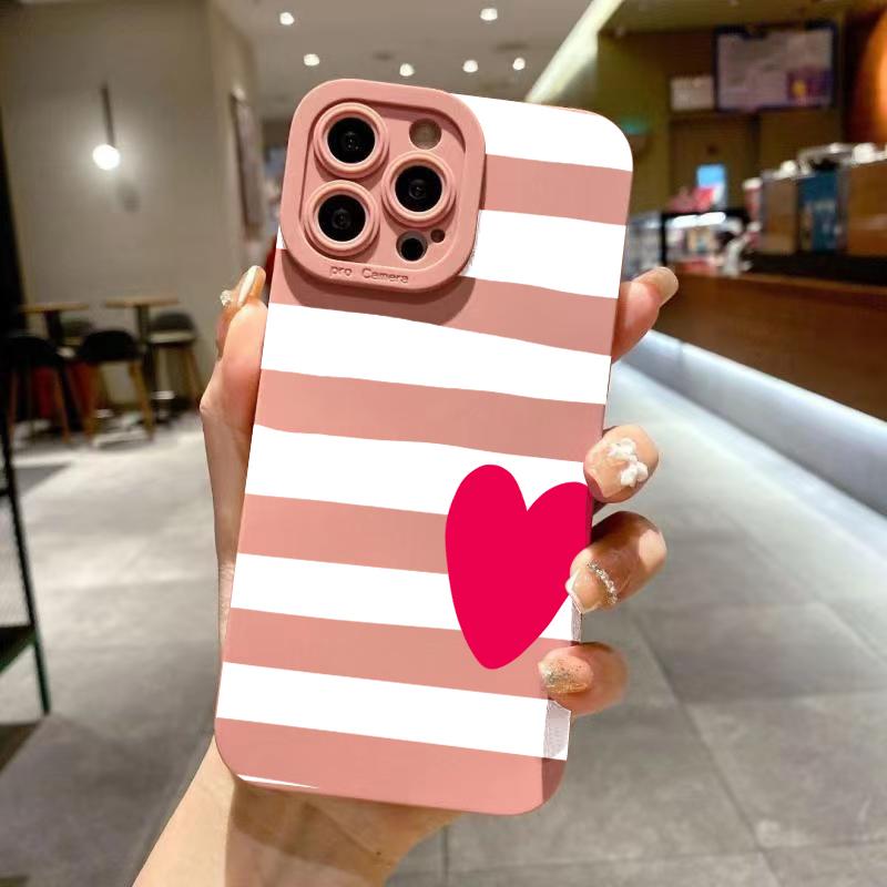 For iPhone 17 Pro Max Valentines Pink Heart White Striped Phone Case For iPhone 16 15 14 13 12 11 Air XS XR X 7 8Plus 16e Cover