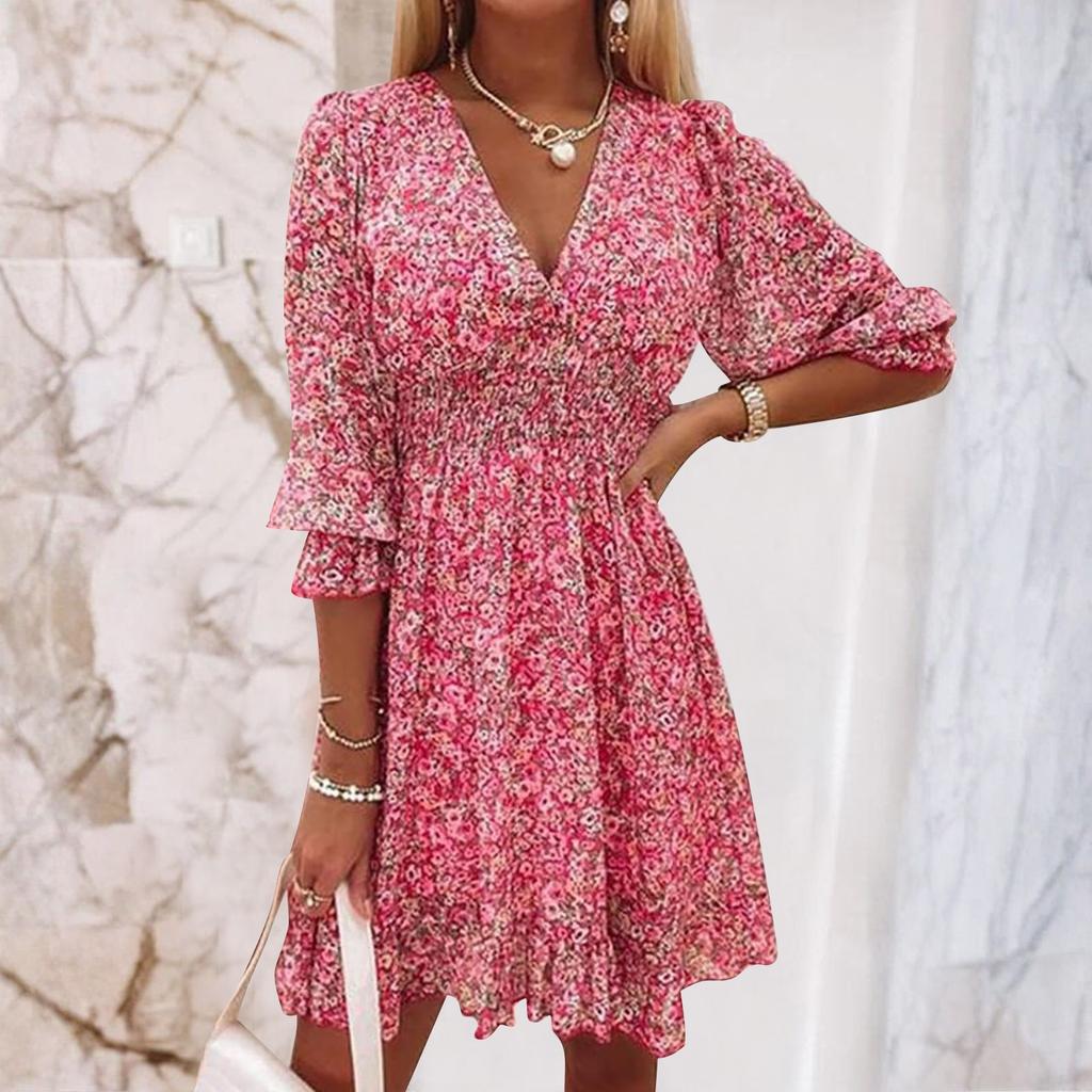 Women's Cute Floral Ruched V Neck Floating Sleeves Three-quarter Sleeve Sundress Casual Spring Summer Dress