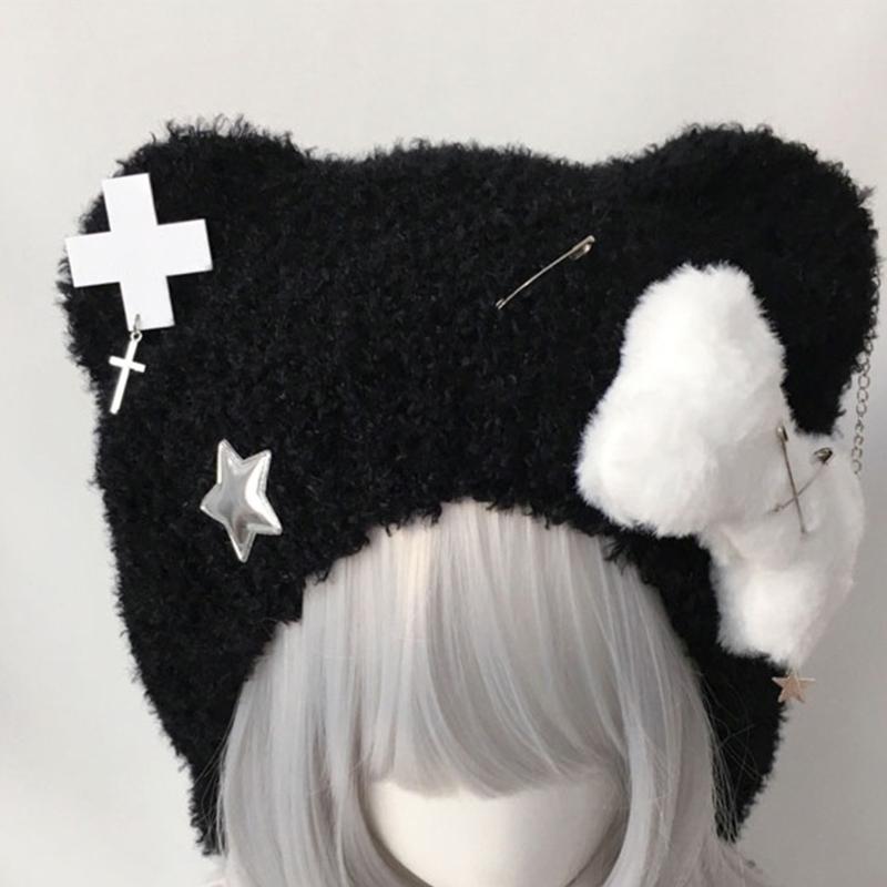Bear Ear Knitted Hat Punk Crossed Winter Hat Soft Furry Knitted Snow Hat for Women Outdoor Activity Travel